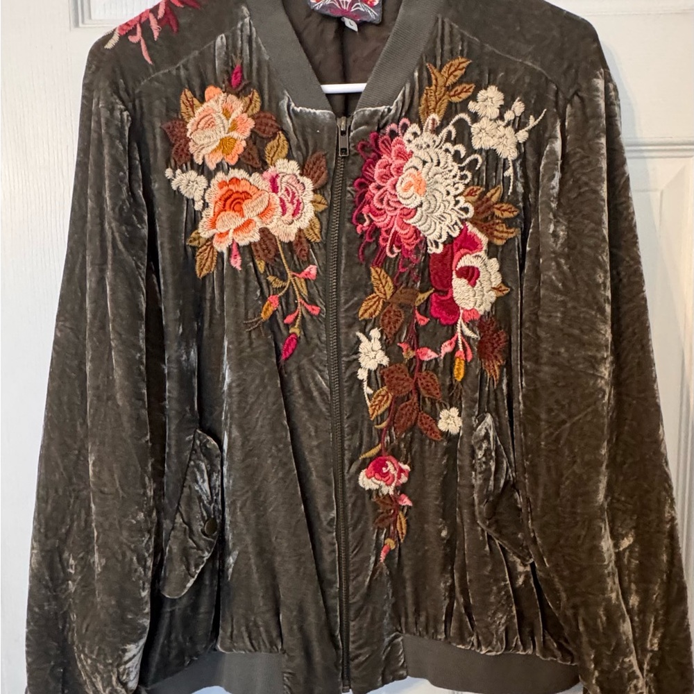 Johnny Was Olive Velvet Bomber Jacket with Floral Embroidery